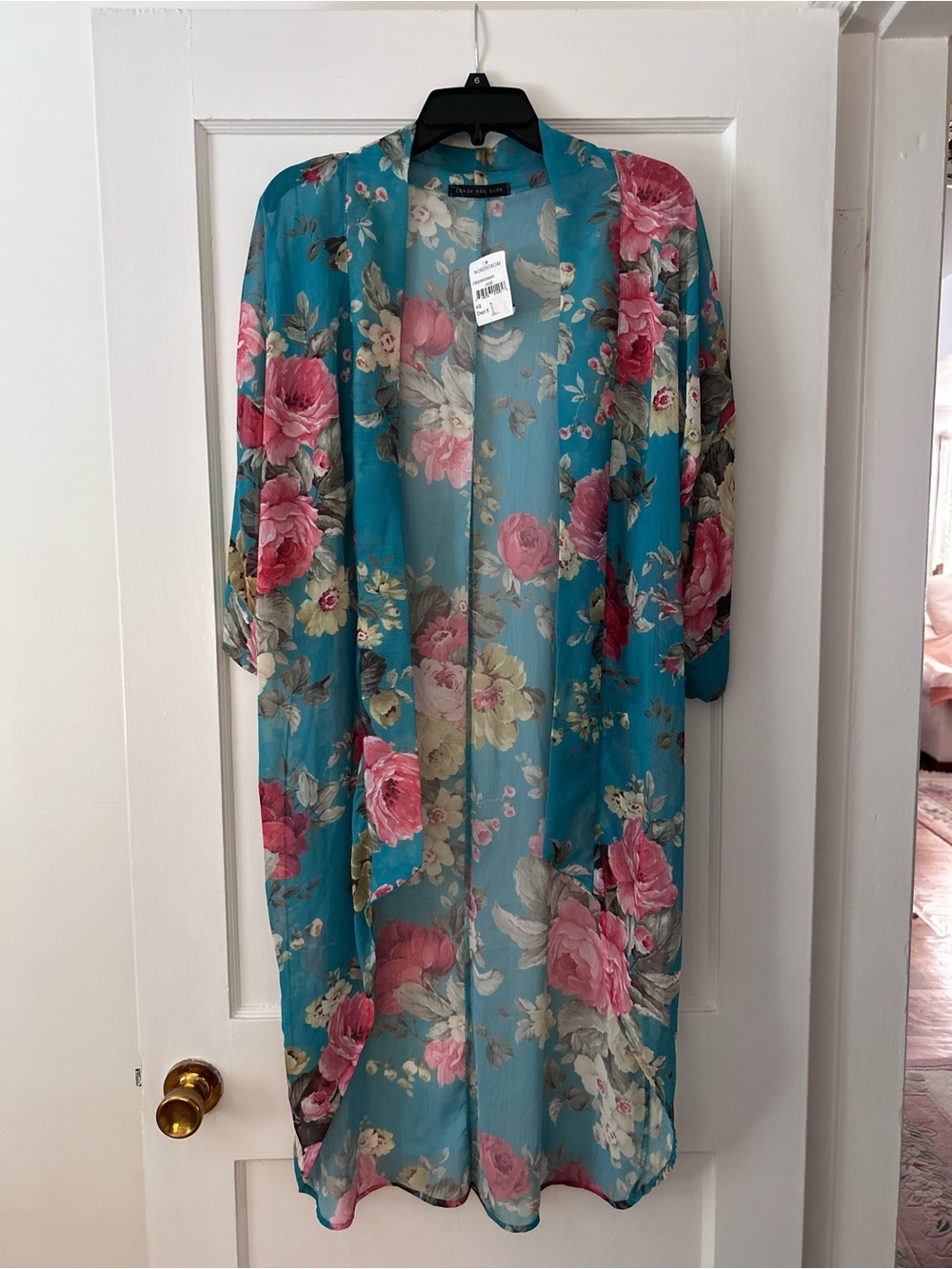 Crash & Burn Teal Sheer Floral Kimono with Pink Rose Print